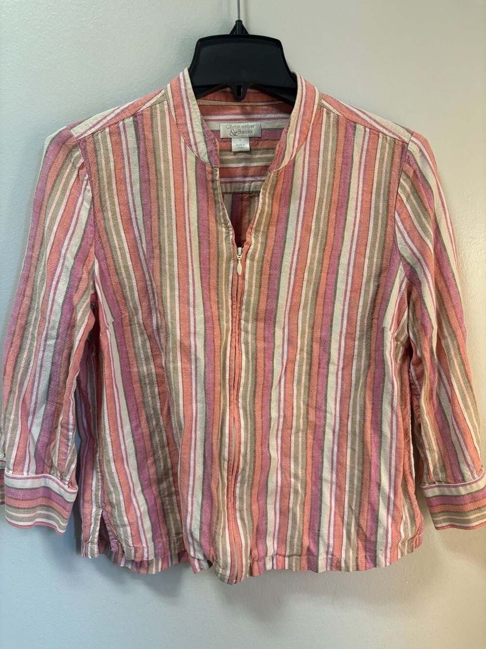 Christopher & Banks Striped Linen Blend Full Zip Jacket Top Pink Multi Size M